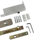 Heavy Duty Hidden Door Hinge With Hydraulic Self Closing Buffer And 90 Degree Positioning For Wood Doors, silver components and installation hardware.