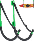Tough As Nails Kayak Wall Mount Rack And Storage Holder 2 Pack Heavy Duty Steel With EVA Cushioned Hooks, green brackets and nylon straps.