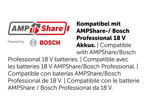 Professional Heavy Duty Compact Four Speed Cordless Drill With Brushless Motor All Metal Transmission QuickIN Adapter And Rugged Case label showing compatibility with AMPSHARE/Bosch Professional 18 V batteries.