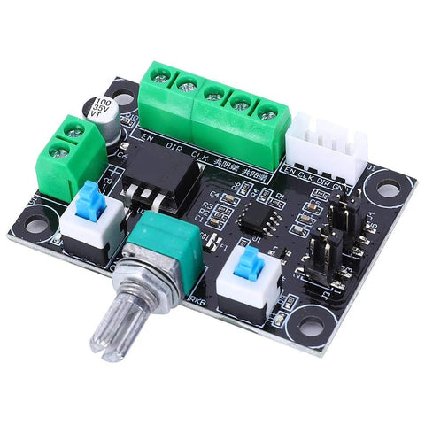 Stepper motor controller board with green screw-terminal blocks, potentiometer, and white JST connector