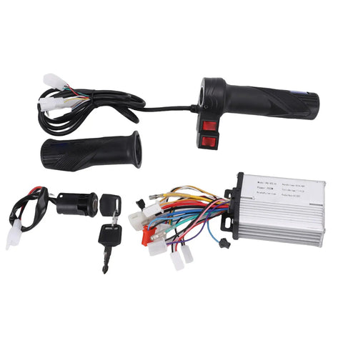 350W Electric Motor Controller Kit With Efficient Heat Dissipation For E Bikes Trikes And Motorcycles Aluminum Alloy Housing Rubber Brushed Throttle Grip Ignition Switch With 2 Keys Ride Ready Safe Reliable Integration showing controller, throttle grips, ignition keys and wires.