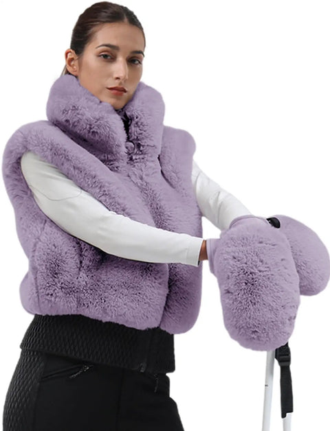 Model wearing Womens Winter Ski Gloves With Faux Fur Palm And Sheepskin Lining, Cozy Warm Snowboard And Cycling Gloves For Cold Weather.