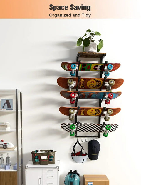 Premium Quality Rad And Heavy Duty Skateboard Wall Mount Rack Featuring Five Tier Deck Storage Shelves and Hella Bottom Hooks for Helmets Pads Backpack Shoes Bags with skateboards and hooks on wall.