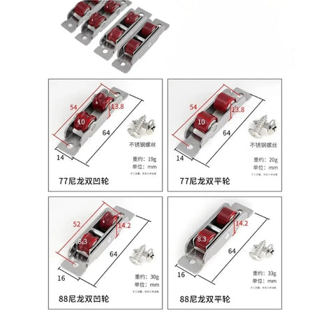 4 Pack Heavy Duty Sliding Door Rollers With Nylon Double Wheels Stainless Steel Inner Bearings ABEC 7 Precision Rust Proof Coating For Patio Window Tracks Cabinet Hardware And Furniture Gliders Orange, showing red nylon wheels and stainless steel frames.