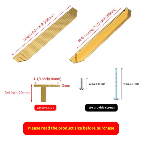 Dimensions of Brushed Gold Cabinet Pulls 9.75 Inch Polygon Drawer Handles with screws, highlighting center-to-center 7.5 inch spacing.