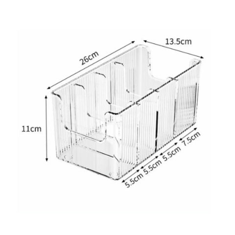 Top Shelf Crystal Clear Acrylic Belt Organizer With Removable Dividers Stackable Storage Bin dimensions showing capacity for ties and jewelry.