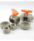 Pro Grade Double True Union Ball Valve For Water Lines Heavy Duty Plumbing Hose Connectors with orange handles and fittings.