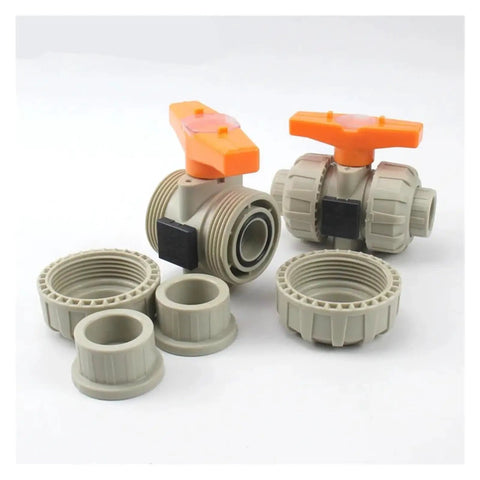Rock Solid Double True Union Ball Valve For Heavy Duty Industrial Water Lines Dead Simple Plumbing Hose Fittings with orange handles.