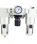 Straight Up Built Tough Heavy Duty Pneumatic FRL Unit Combining Air Filter Pressure Regulator Lubricator Kit with clear dual filter housing.
