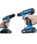 The 21V Cordless Power Drill Kit Is A Solid Heavy Lifter Featuring Brushless Motor 2 Speed Settings For Hassle Free Metal And Concrete Jobs Powered By A Rechargeable Battery That Handles Everything, shown in hands.