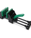 Rock Solid 6 Inch Quick Action Bench Vise With 300 Pound Clamping Power Easy Clamp Mount Non Marring Rubber Jaws V Notch for Round Stock Quick Release Handle Knockout Shop Essential, showing green rubber jaws and handle