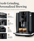 Straight Up Game Changing Automatic Espresso Machine With 2.8 Inch Color Display And Easy Cappuccino Function In Piano Black, showing professional grinder and brewing options.