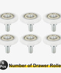 Badass Pa66 Nylon Drawer Rollers With M6 Thread Studs set of 6, white wheels, sturdy design for cabinet glide action.