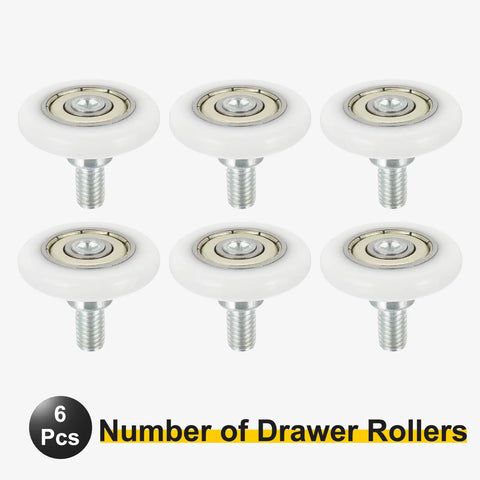 Badass Pa66 Nylon Drawer Rollers With M6 Thread Studs set of 6, white wheels, sturdy design for cabinet glide action.