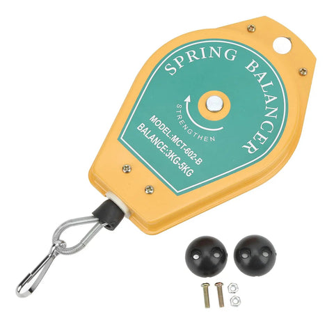 Two Pack Heavy Duty Retractable Spring Tool Balancer with Adjustable Tension, Supports 3 to 5 Kg Tools, Easy Hanging Tool Holder for Assembly Lines, Workshops, and Garage, Keeps Tools Off Benchtops and Ready at Hand for Quick Access, yellow and green body, steel hook