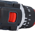 Close-up of the heavy-duty 18V cordless brushless drill switch with torque settings, designed for tough tasks.