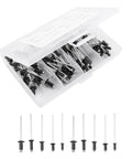 Black Aluminum Blind Rivets Kit 120 Pcs M2.4 M3.2 M4 With Standard Head, displayed in open compartmentalized plastic box.