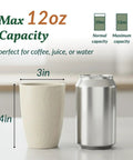 Eco Friendly Wheat Straw Cups Set Unbreakable Drinking Glasses Stackable 12 Oz Tumblers next to soda can for size comparison.