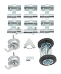 Heavy-Duty Sliding Door Roller System With Tough-As-Nails Galvanized Steel And Rubber Construction Supports 600 Pounds Load Capacity hardware components.