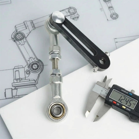 Adjustable Ball Joint Linkage Assembly With Telescopic Rod For DIY Makers Small Size Swing Arm Set Including Fish Eye Joint And Rotating Mechanical Linkage For Precision Motion Projects, metal with caliper