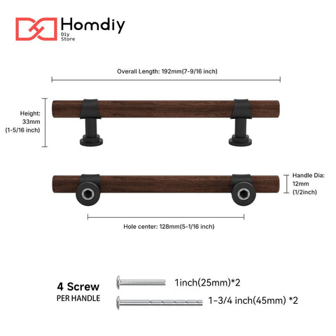 10 Pack 5 Inch Hole Center Cabinet Pulls With Authentic Wood Grain Look And Charcoal Black Zinc Body Designed With Heavy Duty Stainless Steel Construction Drawer Knobs That Feel Rock Solid And Next Level Hardware - detailed dimensions and screws included.