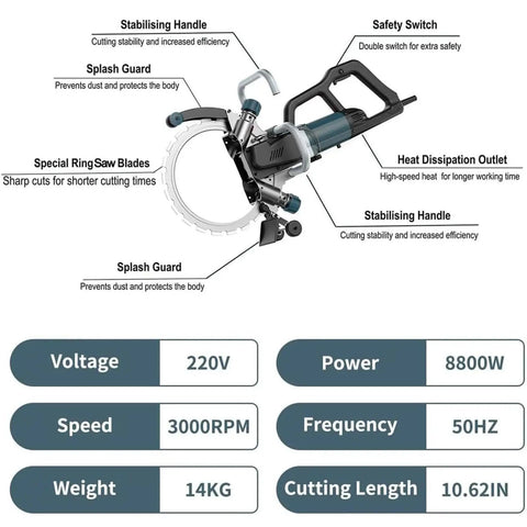 Pro Setup Electric Rotary Saw, 8800W Brushless Concrete Cutter Muscle features with stabilizing handle and safety switch.