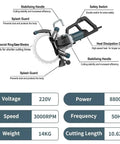 Heavy Duty Brushless Electric Circular Saw Boasts Raw Power For Cutting Concrete And Stone Walls With A Beast Mode 8800W Motor Running At 3000 Rpm While Silencing Dust And Comes Prepped With A Built In Water Pump Plus Two Diamond Blades Included, showing features and specifications.