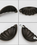Four Pack Bronze Semicircle Cabinet Pulls Featuring Heavy Duty Zinc Alloy Build And Hella Tough Grip For Kitchen Drawers With Killer Bronze Top Shelf Hardware At Two And A Half Inch Center To Center Spacing, showing half moon shape and screws.