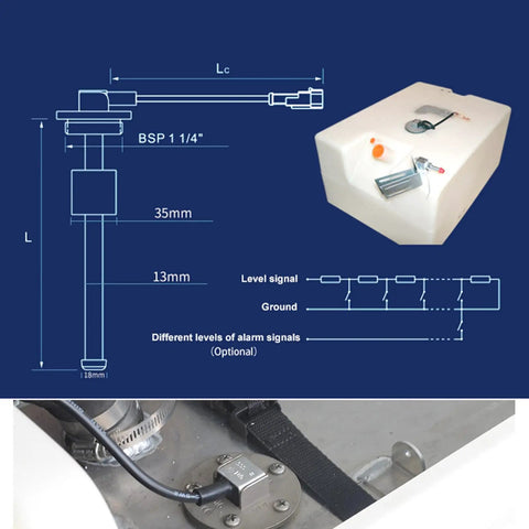 Rock Solid 300 mm Fuel Level Sender Sensor With 0-190 Ohm Signal 316 Stainless Steel attached to a gas tank with dimensions labeled.