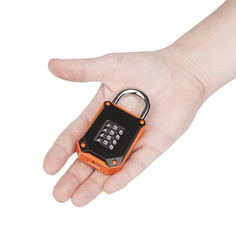 Hand holding Orange 2 Pack 4-Digit Combination Pad Locks Heavy Duty Waterproof Resettable Security Latches for Gym Bags