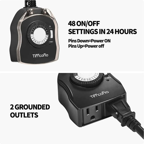 Heavy Duty Mechanical Outdoor Timer Outlet With Dual Grounded Plugs For Landscape Lights And Garden Gear featuring 48 on/off settings.