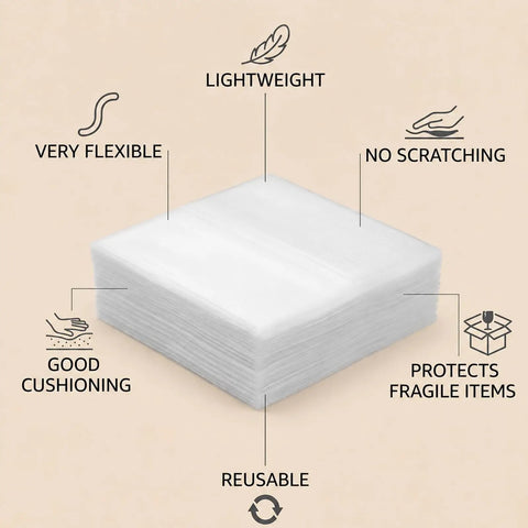 Mover Approved 12 By 12 Inch Foam Wrap Sheets 30 Pack Super Thick Self Adhesive Packaging Pads stacked showcasing flexibility and cushioning features.