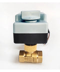Built Tough 220V Motorized Ball Valve Cast From Solid Brass For Plumbing features manual override, top view showing wiring and brass finish.