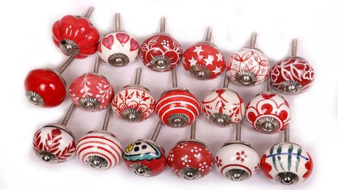Game Changer Set Of 10 Hand Painted Red And White Ceramic Cabinet Knobs Drawer Pulls Decorative Kitchen Cupboard Home Accent Handles With Complete Hardware Included, close-up view of assorted designs.