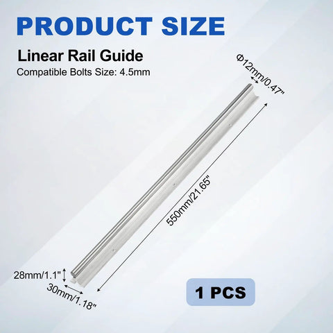 Heavy Duty SBR12 Linear Rail Guide 550MM fully supported shaft rod with product dimensions shown on white background.