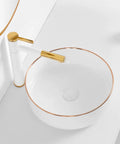 Built Tough Rectangular Ceramic Vessel Sink For Modern Bathroom Vanities Above Counter Wash Basin with gold accents.