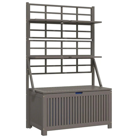 Badass Acacia Wood Outdoor Storage Chest With Built In Garden Trellis And Four Deep Compartments For Yard Gear Plus Patio Deck Essentials Tough As Nails Grey Wash Finish, showcasing a functional outdoor storage solution with shelves.