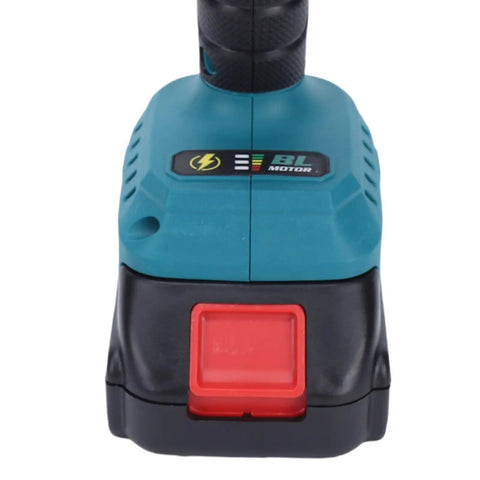 Heavy Duty Brushless Cordless Drill Kit Featuring A Badass 3/8 Inch Keyless Metal Chuck And 25 Position Clutch For Nasty Jobs And Durable Performance Straight Up Built For Every Home Reno Project view of drill handle with battery and controls.
