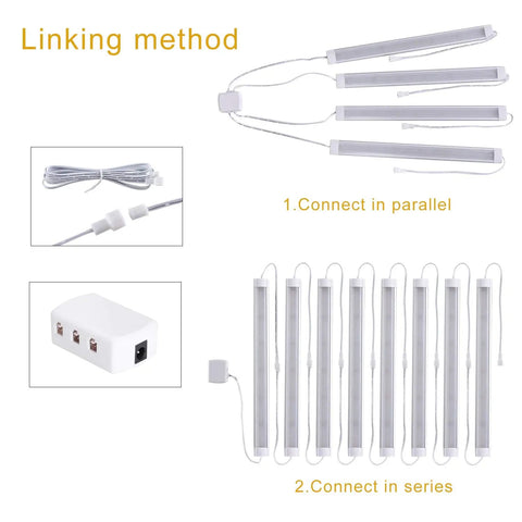 Under Cabinet LED Lights Kit 8 Pack 11 Inch Linkable Dimmable 6000K Cold White Plug In Or Hardwired, connection methods shown
