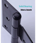 Close-up of black heavy duty T hinge set with smooth solid bearing, ideal for shed gate and barn doors in all weather conditions.