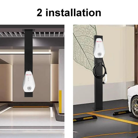 Heavy Duty EV Charger Holder Box Waterproof Outdoor Steel Cord Organizer Rack Stand Black, shown in two installation settings.