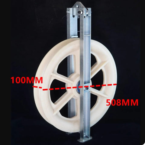 This Heavy-Duty Galvanized Cable Pulley Block With Swivel Hook features a durable nylon wheel and steel frame, measuring 100mm x 508mm.