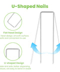 Diagram of heavy duty 6 inch galvanized landscape staples U shaped pins for securing weed barrier fabric with close-ups.