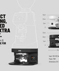 Game Changing Automatic Espresso Tamper That Hits Different With Calibrated Pressure And Adjustable Tamping Profiles For Fiorenzato F64 And F83 Grinders In Sleek White Fifty Three Millimeters, showcasing dimensions and design.