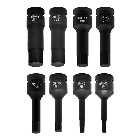 Quality Crafted Eight Piece Hex Socket Set Built Tough From Heavy Duty Alloy Steel With Smooth Turning Action And Secure Bite, showing all eight sockets.