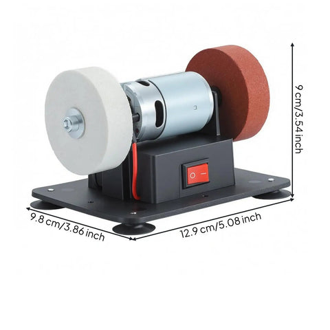150W Benchtop Electric Grinding Machine Set On Rock Solid Non Slip Feet delivering clean power with dual wheels for sharpening.