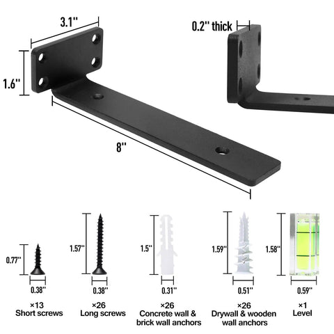 Heavy Duty Floating Shelf Brackets 8 Inch Hidden Mount Rock Solid Iron L Brackets dimensions with screws and anchors.