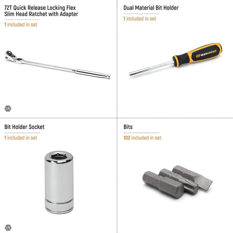 Image showing components of the 105 Piece Workhorse One Quarter Inch Drive Slim Head Mechanics Tool Set In Foam Storage Tray With 72-Tooth Ratchet, 5 Degree Swing, Multi-Functional Adapter Head, Locking Flex-Head With Nine Positions.