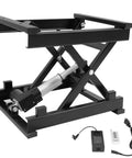 Rock Solid Electric Scissor Lift Table 130 Pound Capacity Adjustable Hydraulic Lifting Platform With Wireless Remote for shop tasks, showcasing metal frame and components.