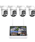 Rugged 10 Inch Touch Screen 4Ch Nvr Security Kit Packs Premium 5Mp Ptz Cameras, four cameras and monitor displayed.